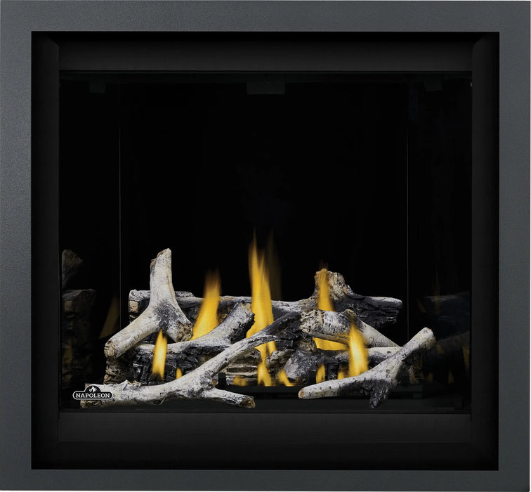 Napoleon Altitude X 36 gas fireplace, front view with birch logs, porcelain panels and charcoal finishing trim