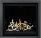 Napoleon Altitude X 36 gas fireplace, front view with birch logs, porcelain panels and charcoal finishing trim