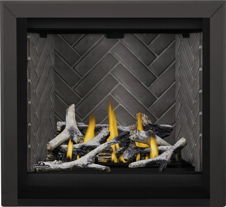 Napoleon Altitude X 36 gas fireplace, front view with birch logs, brick panels and black trim
