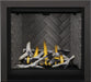 Napoleon Altitude X 36 gas fireplace, front view with birch logs, brick panels and black trim