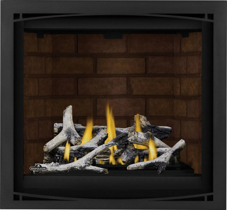 Napoleon Altitude X 36 gas fireplace, front view with birch logs, brick panels and black Zen front