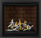Napoleon Altitude X 36 gas fireplace, front view with birch logs, brick panels and black Zen front