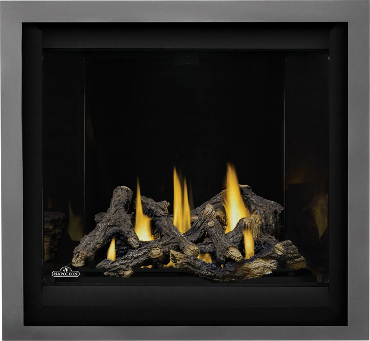 Napoleon Altitude X 36 gas fireplace, front view with oak logs and gunmetal finishing trim
