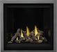 Napoleon Altitude X 36 gas fireplace, front view with oak logs and gunmetal finishing trim