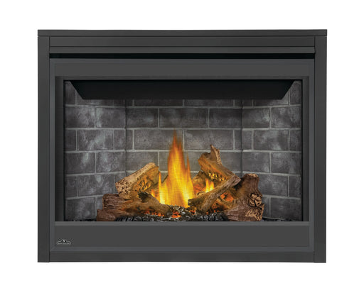 Napoleon Ascent 42 gas fireplace, front view with Phazer logs and Westminster panels