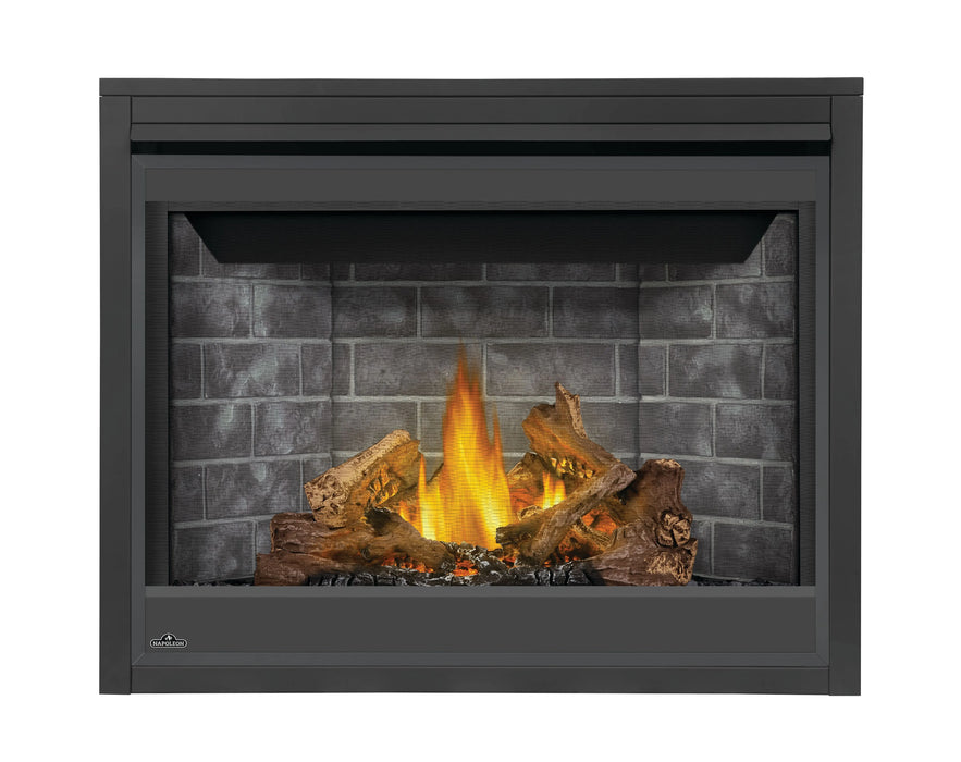 Napoleon Ascent 42 gas fireplace, front view with Phazer logs and Westminster panels