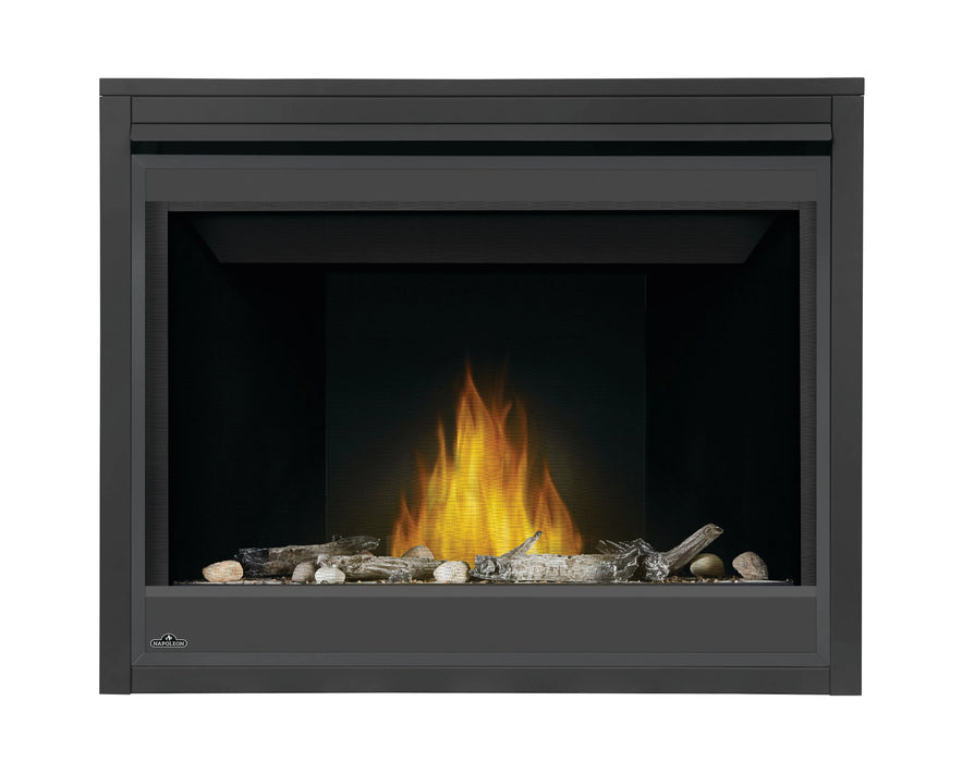 Napoleon Ascent 42 gas fireplace, front view with shore and beach fire media