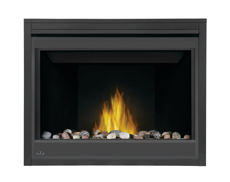 Napoleon Ascent 42 gas fireplace, front view with mineral rocks and shore fire media
