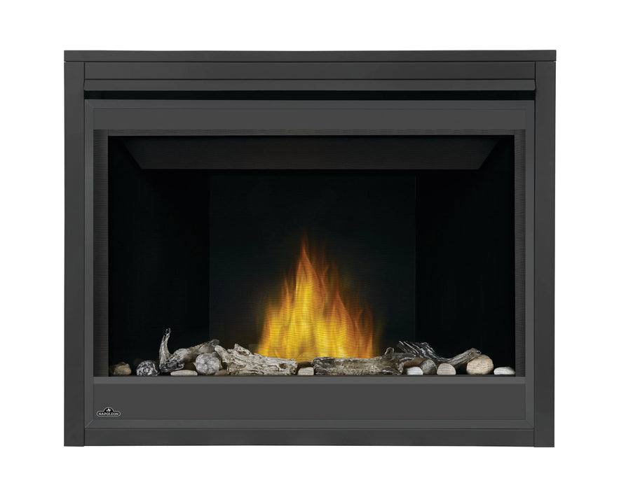 Napoleon Ascent 42 gas fireplace, front view with mineral rocks and beach fire media