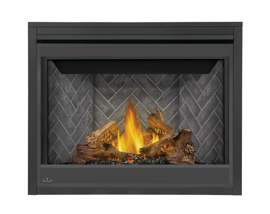 Napoleon Ascent 42 gas fireplace, front view with Phazer logs and Westminster herringbone panels