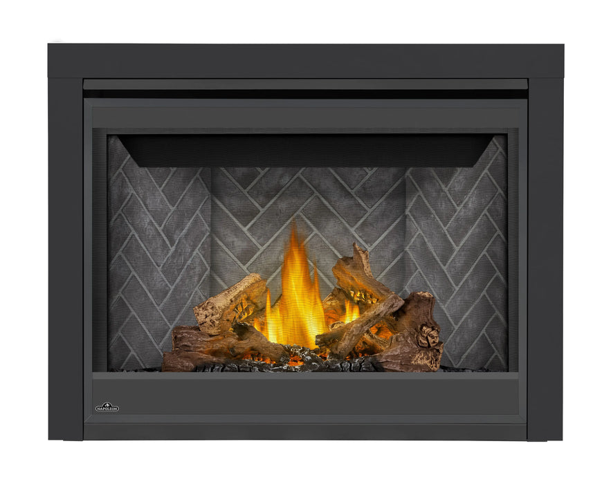 Napoleon Ascent 42 gas fireplace, front view with Phazer logs, herringbone panels and 3-inch trim