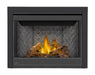 Napoleon Ascent 42 gas fireplace, front view with Phazer logs, herringbone panels and 3-inch trim