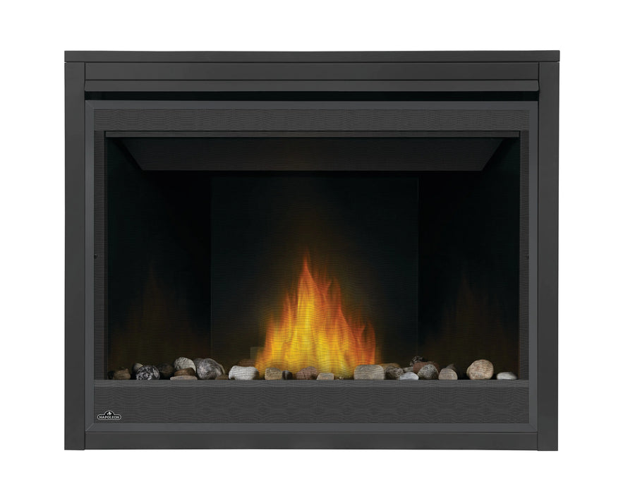 Napoleon Ascent 42 gas fireplace, front view with mineral rocks and porcelain panels
