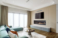 Napoleon Ascent Linear 76 gas fireplace, installed with trim, oak logs and mineral rocks