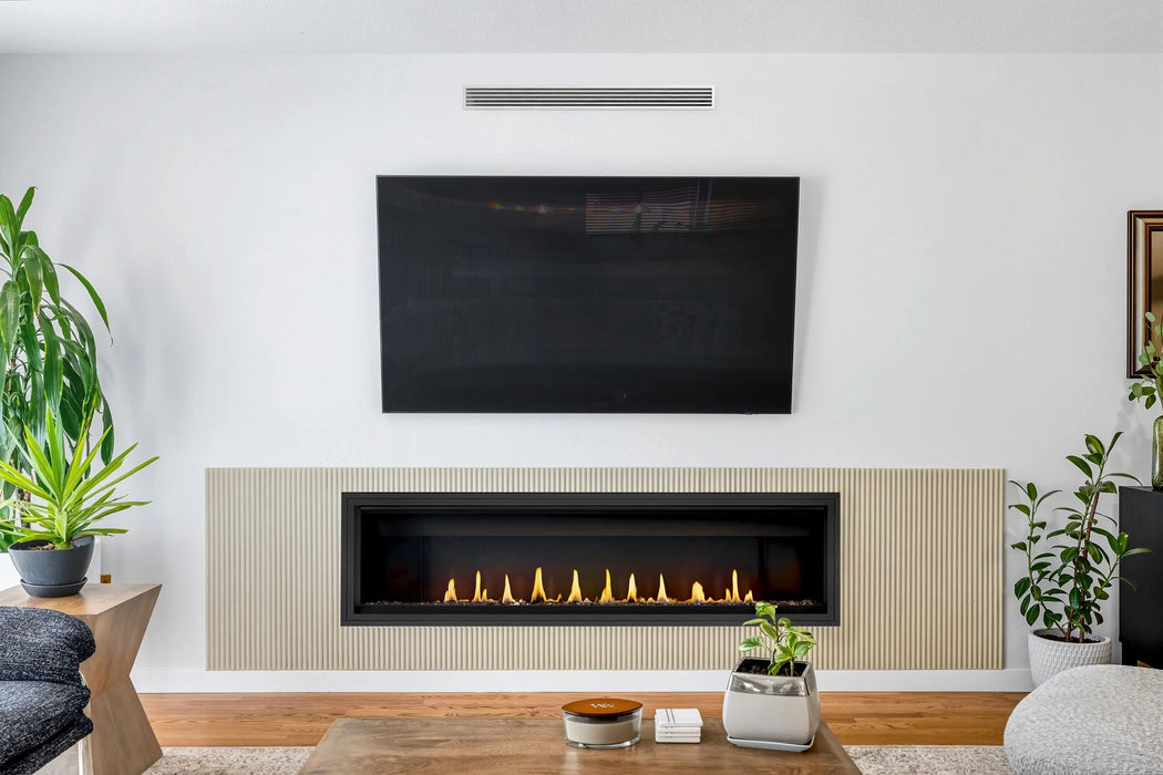 Napoleon Ascent Linear 76 gas fireplace, installed with trim and topaz glass