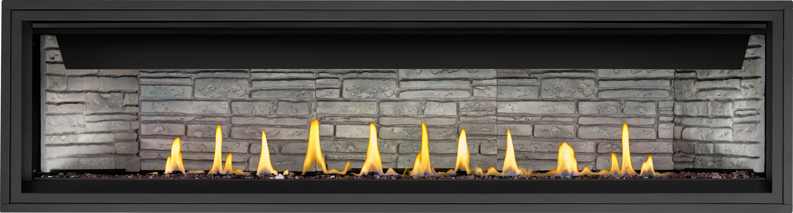 Napoleon Ascent Linear 76 gas fireplace, front view with topaz glass and ledgestone panels