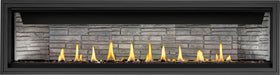 Napoleon Ascent Linear 76 gas fireplace, front view with topaz glass and ledgestone panels