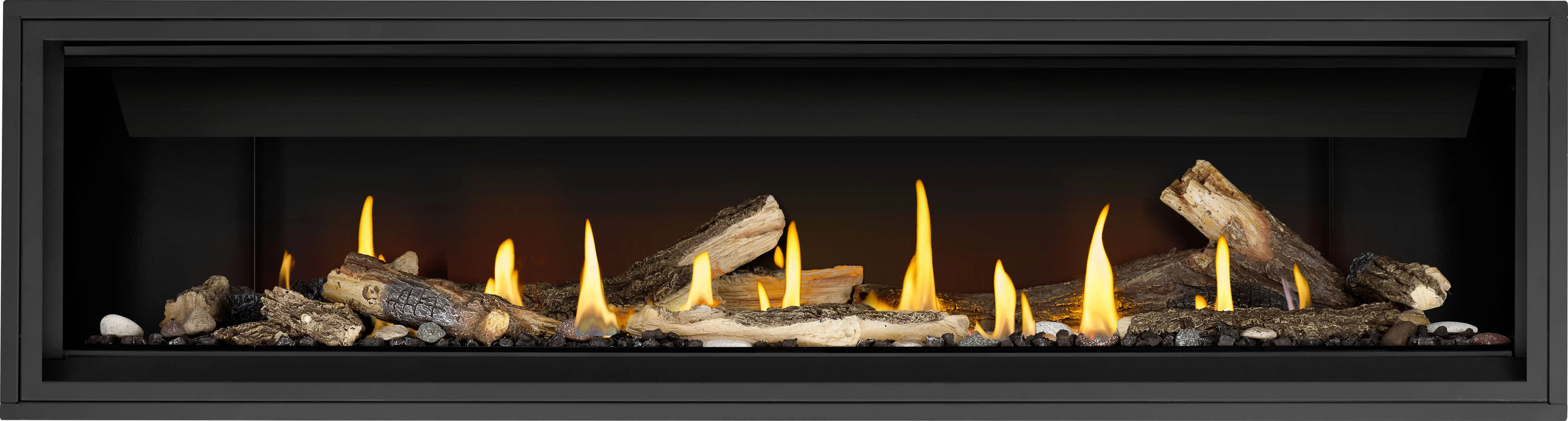 Napoleon Ascent Linear 76 gas fireplace, front view with oak logs and mineral rocks