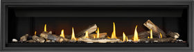 Napoleon Ascent Linear 76 gas fireplace, front view with oak logs and mineral rocks