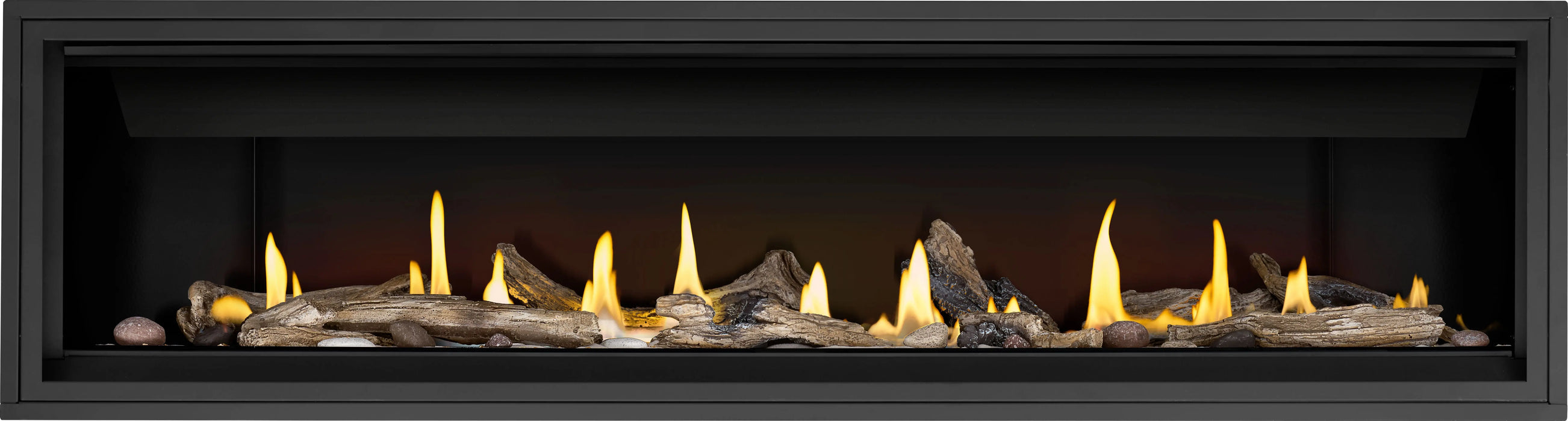 Napoleon Ascent Linear 76 gas fireplace, front view with driftwood logs and shore fire media