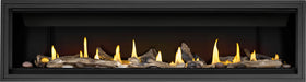 Napoleon Ascent Linear 76 gas fireplace, front view with driftwood logs and shore fire media