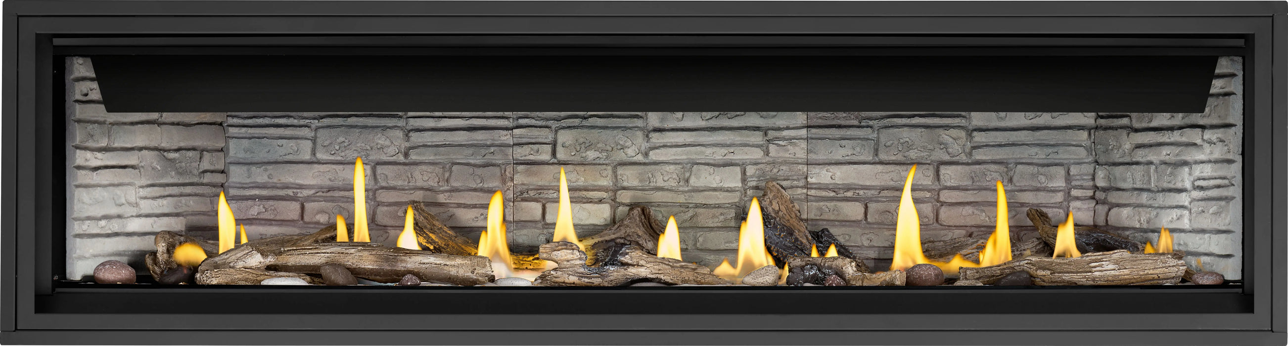 Napoleon Ascent Linear 76 gas fireplace, front view with driftwood logs, shore fire media and ledgestone panels