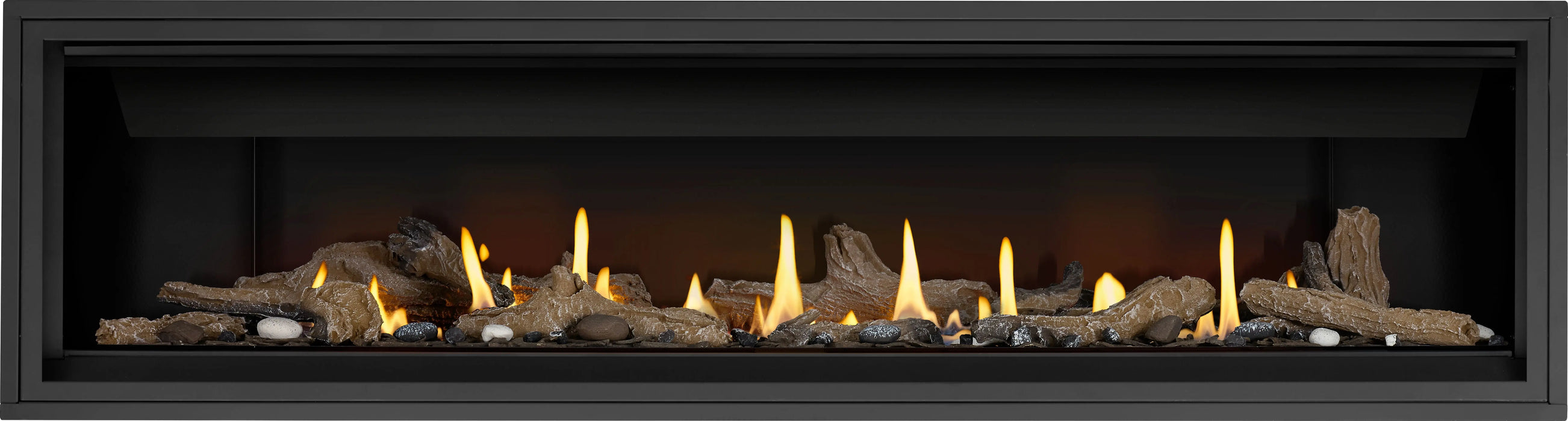 Napoleon Ascent Linear 76 gas fireplace, front view with beach fire and woodland media