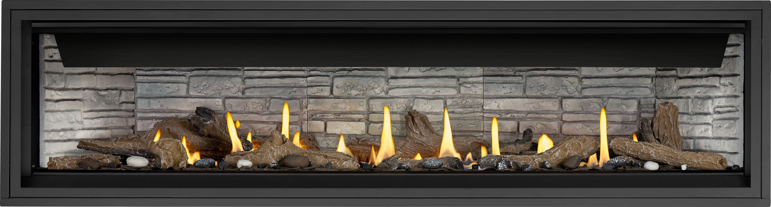 Napoleon Ascent Linear 76 gas fireplace, front view with beach fire, woodland media and ledgestone panels