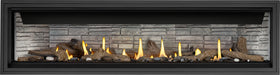 Napoleon Ascent Linear 76 gas fireplace, front view with beach fire, woodland media and ledgestone panels