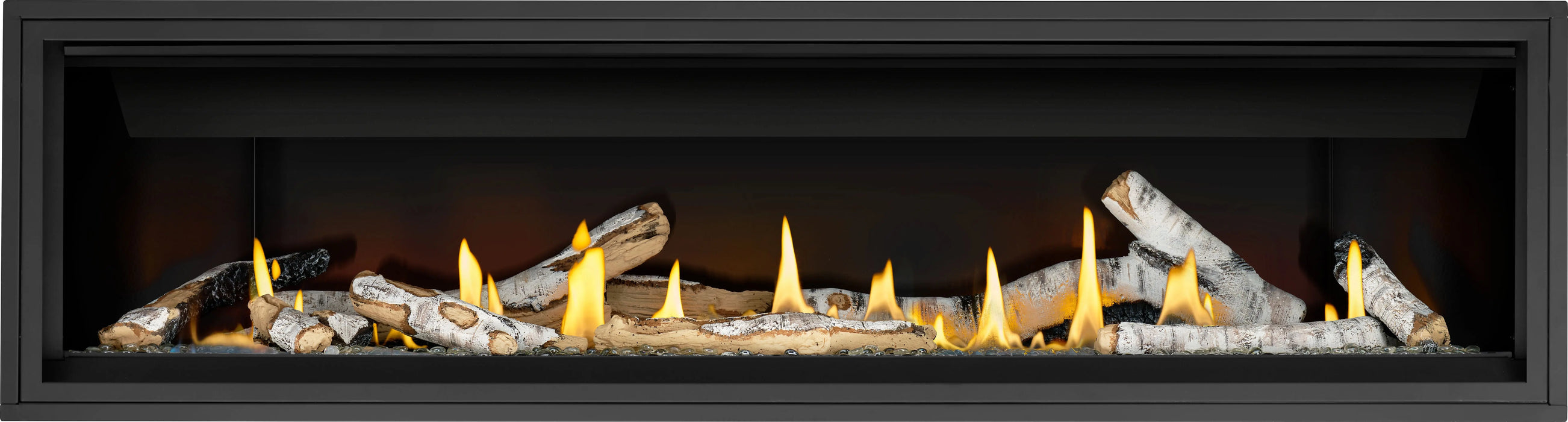 Napoleon Ascent Linear 76 gas fireplace, front view with birch logs and clear glass beads