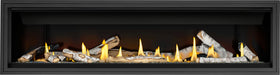 Napoleon Ascent Linear 76 gas fireplace, front view with birch logs and clear glass beads