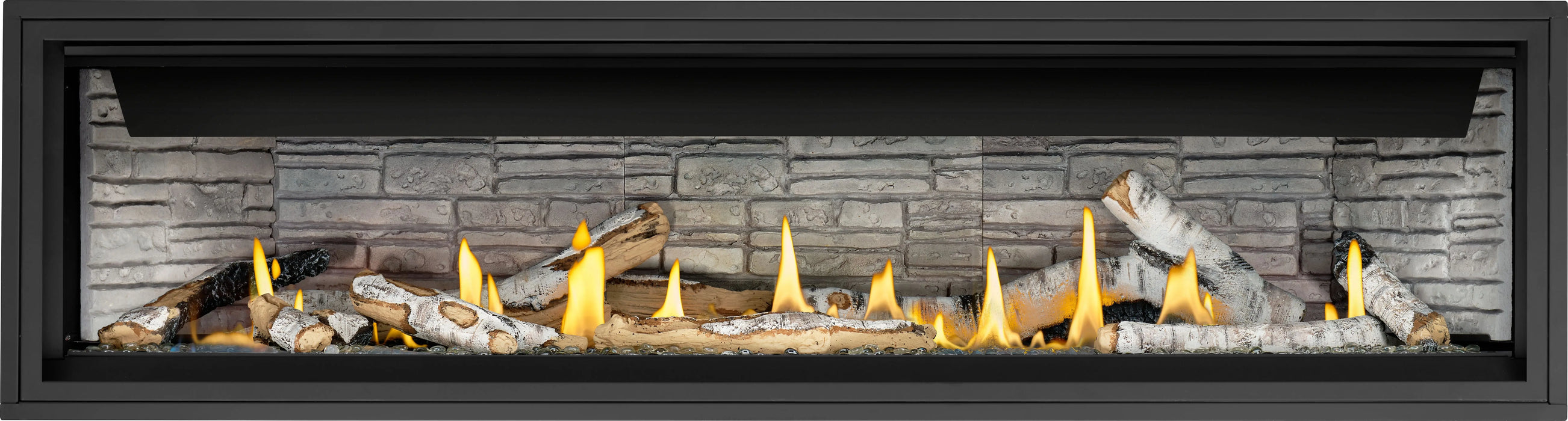 Napoleon Ascent Linear 76 gas fireplace, front view with birch logs, clear glass beads and ledgestone panels