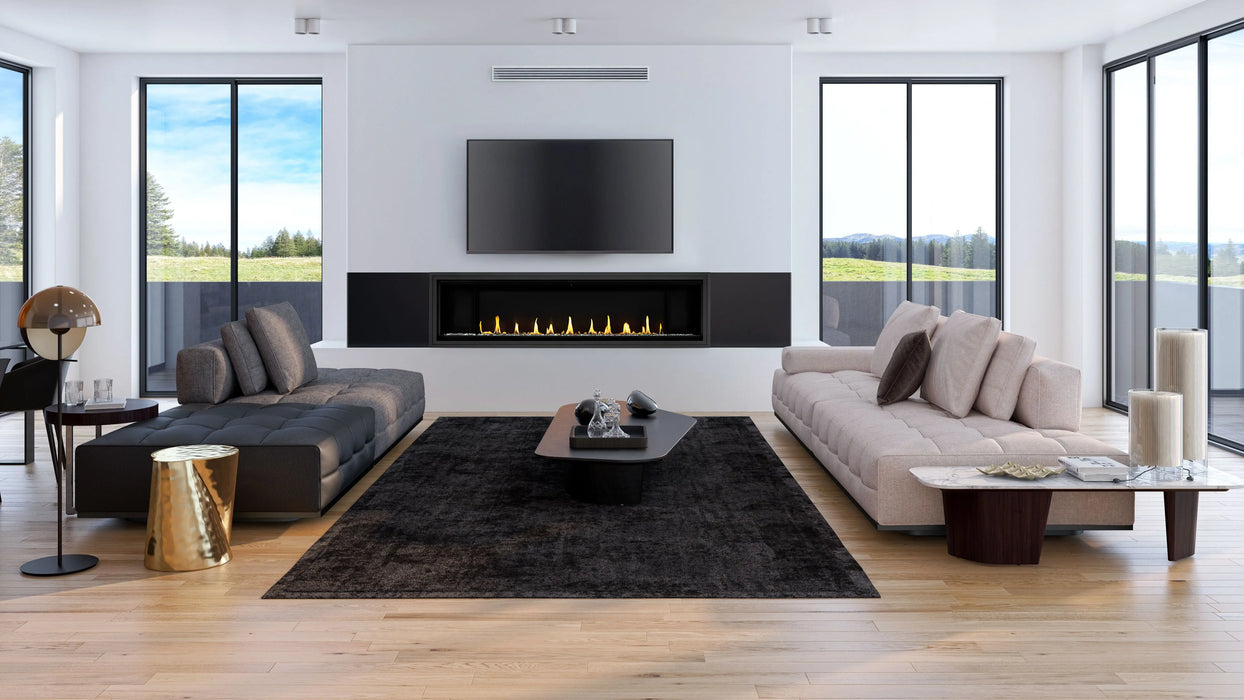 Napoleon Ascent Linear Premium 76 gas fireplace, installed in a room with clear glass beads