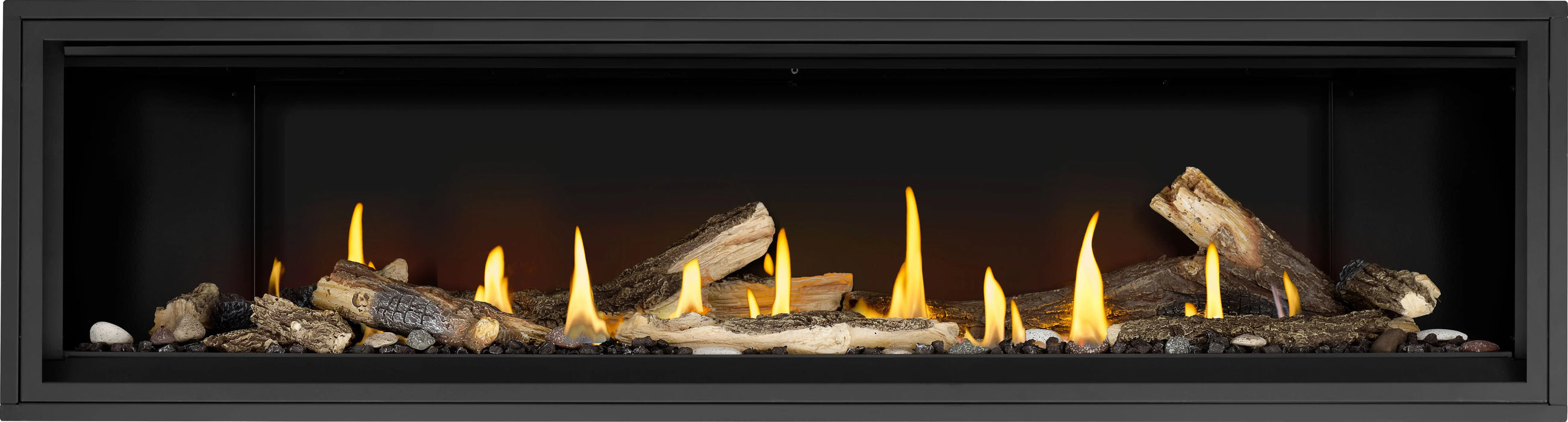 Napoleon Ascent Linear Premium 76 gas fireplace, front view with oak logs and mineral rocks
