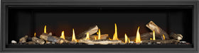 Napoleon Ascent Linear Premium 76 gas fireplace, front view with oak logs and mineral rocks