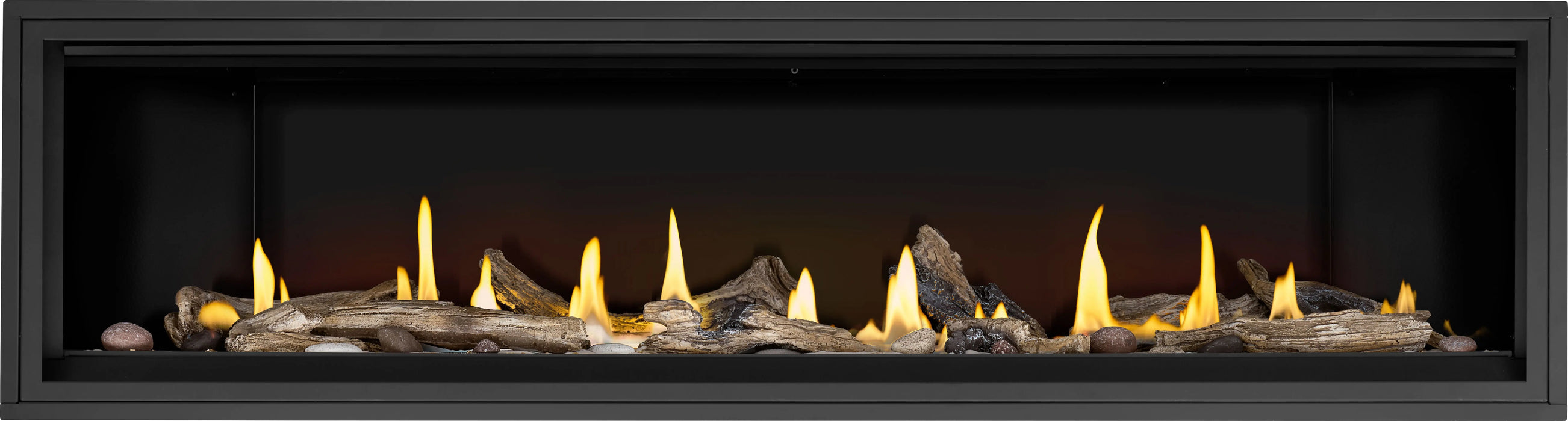 Napoleon Ascent Linear Premium 76 gas fireplace, front view with driftwood logs and shore fire media