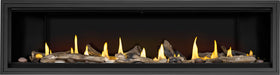 Napoleon Ascent Linear Premium 76 gas fireplace, front view with driftwood logs and shore fire media