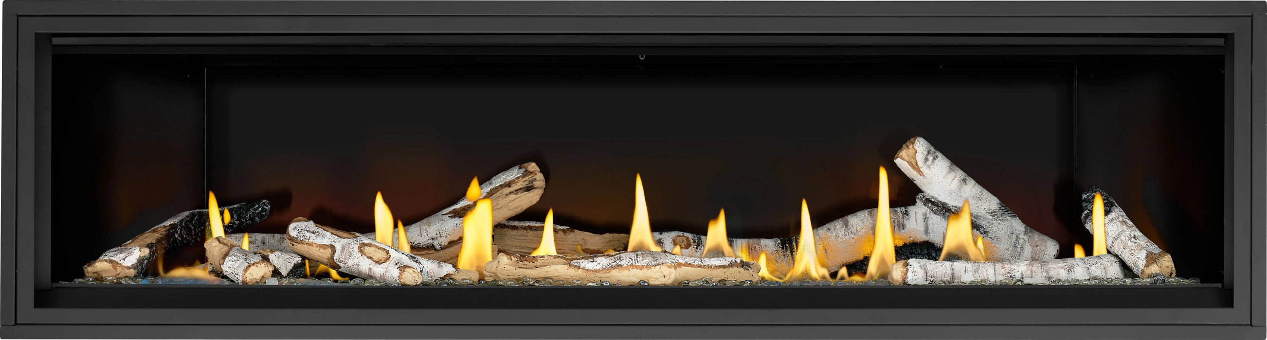 Napoleon Ascent Linear Premium 76 gas fireplace, front view with birch logs and clear glass beads