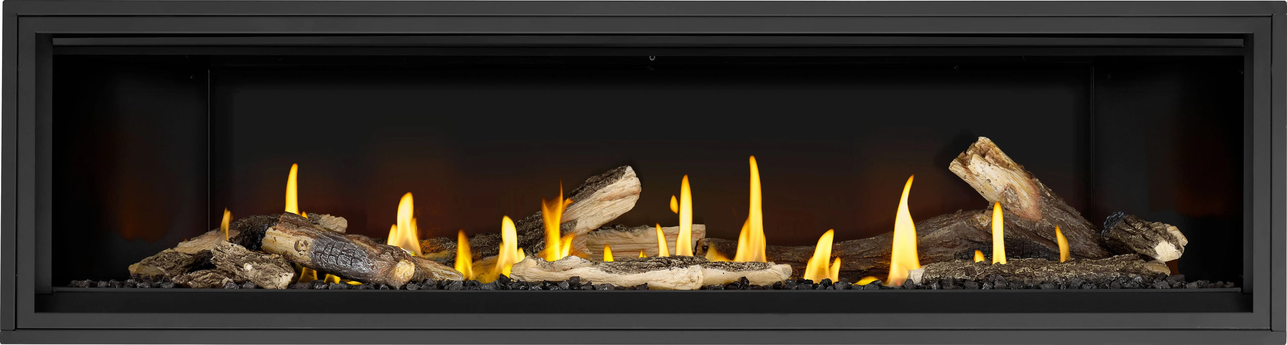 Napoleon Ascent Linear Premium 76 gas fireplace, front view with oak logs