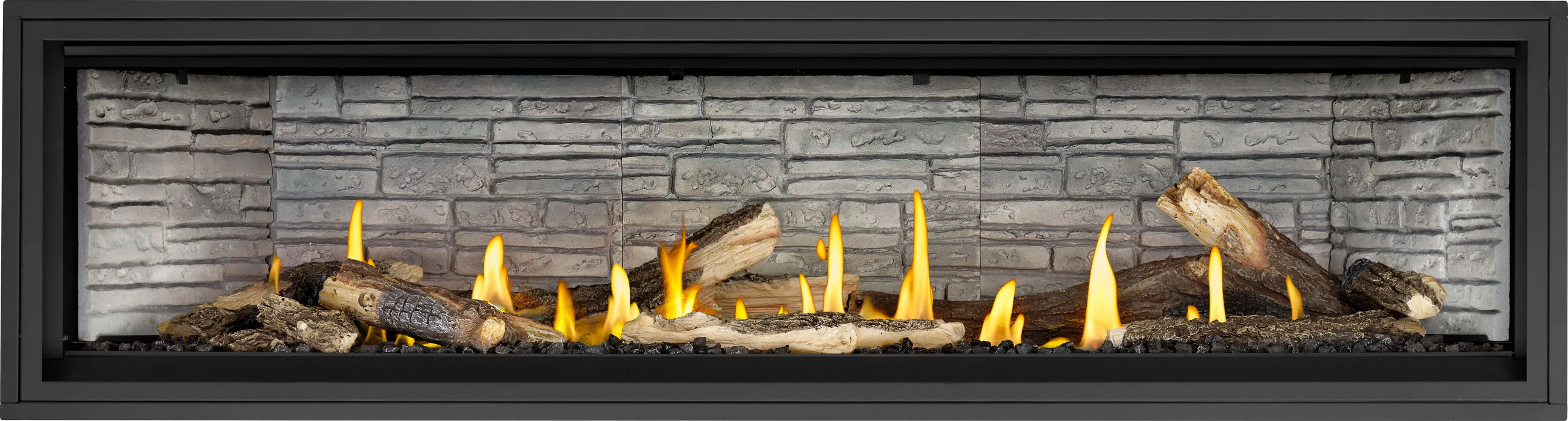 Napoleon Ascent Linear Premium 76 gas fireplace, front view with oak logs and ledgestone panels
