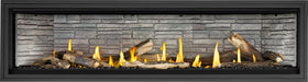 Napoleon Ascent Linear Premium 76 gas fireplace, front view with oak logs and ledgestone panels