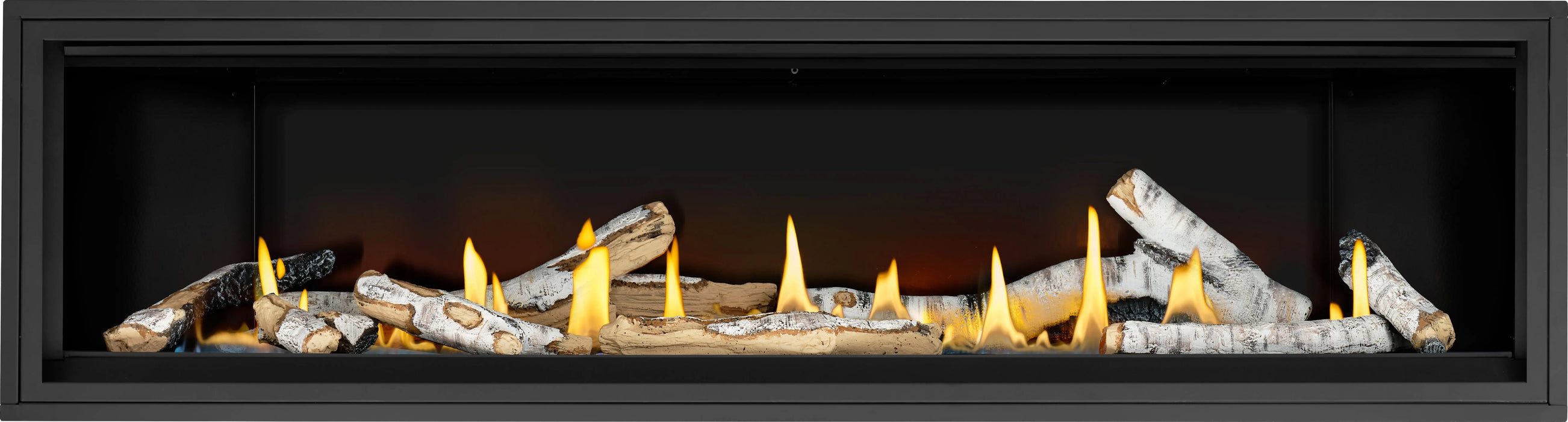Napoleon Ascent Linear Premium 76 gas fireplace, front view with birch logs