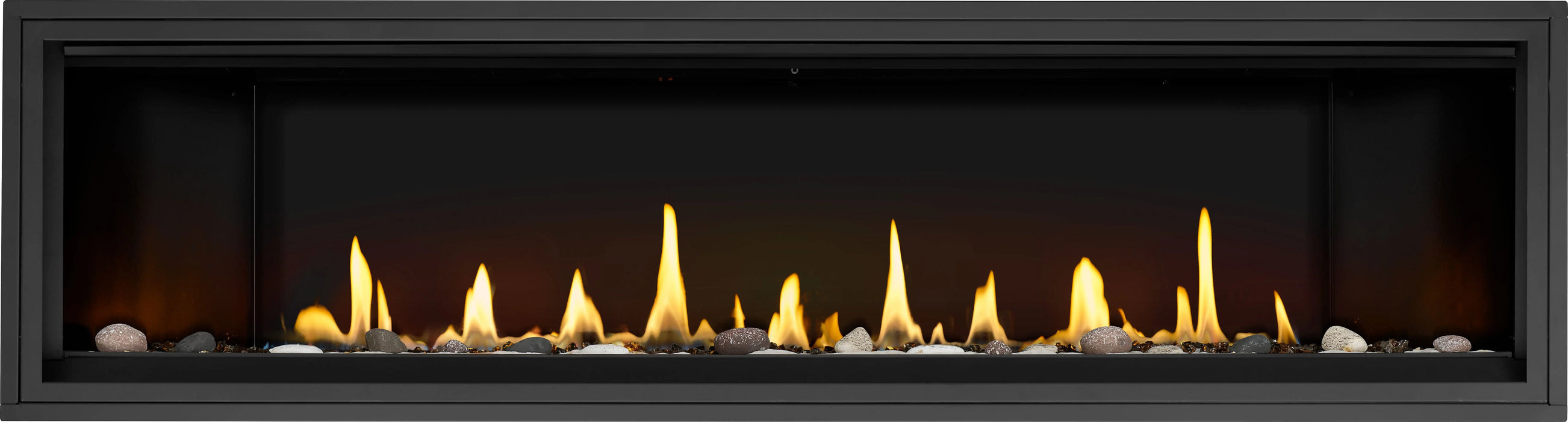 Napoleon Ascent Linear Premium 76 gas fireplace, front view with shore fire media