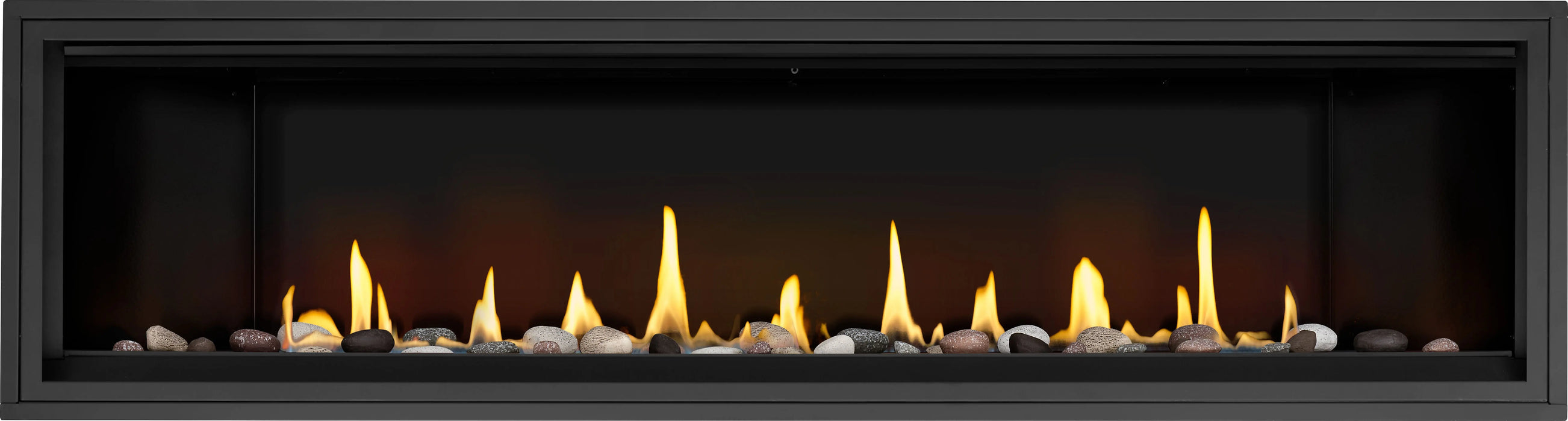 Napoleon Ascent Linear Premium 76 gas fireplace, front view with mineral rocks