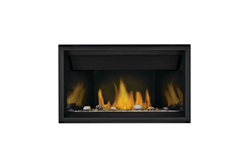 Napoleon Ascent Linear 36 direct vent gas fireplace, front view with shore fire media