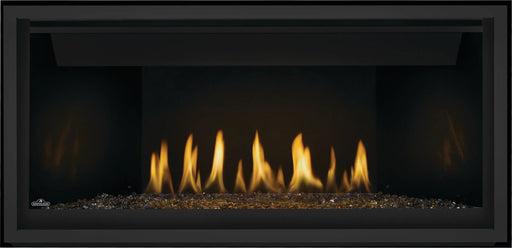 Napoleon Ascent Linear 42 gas fireplace, front view with topaz glass embers