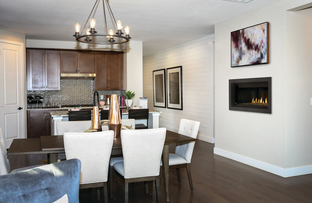Napoleon Ascent Linear 42 gas fireplace, in a dining room and kitchen