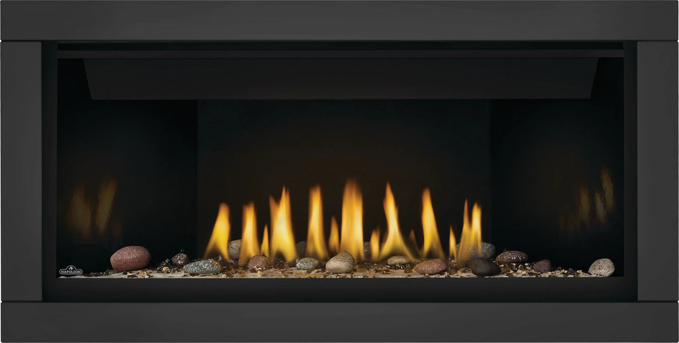 Napoleon Ascent Linear 42 gas fireplace, front view with shore fire media, black surround