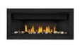 Napoleon Ascent Linear 46 gas fireplace, front view with mineral rocks, topaz glass embers, black surround