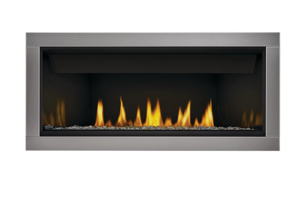 Napoleon Ascent Linear 46 gas fireplace, front view with clear glass beads, stainless steel surround